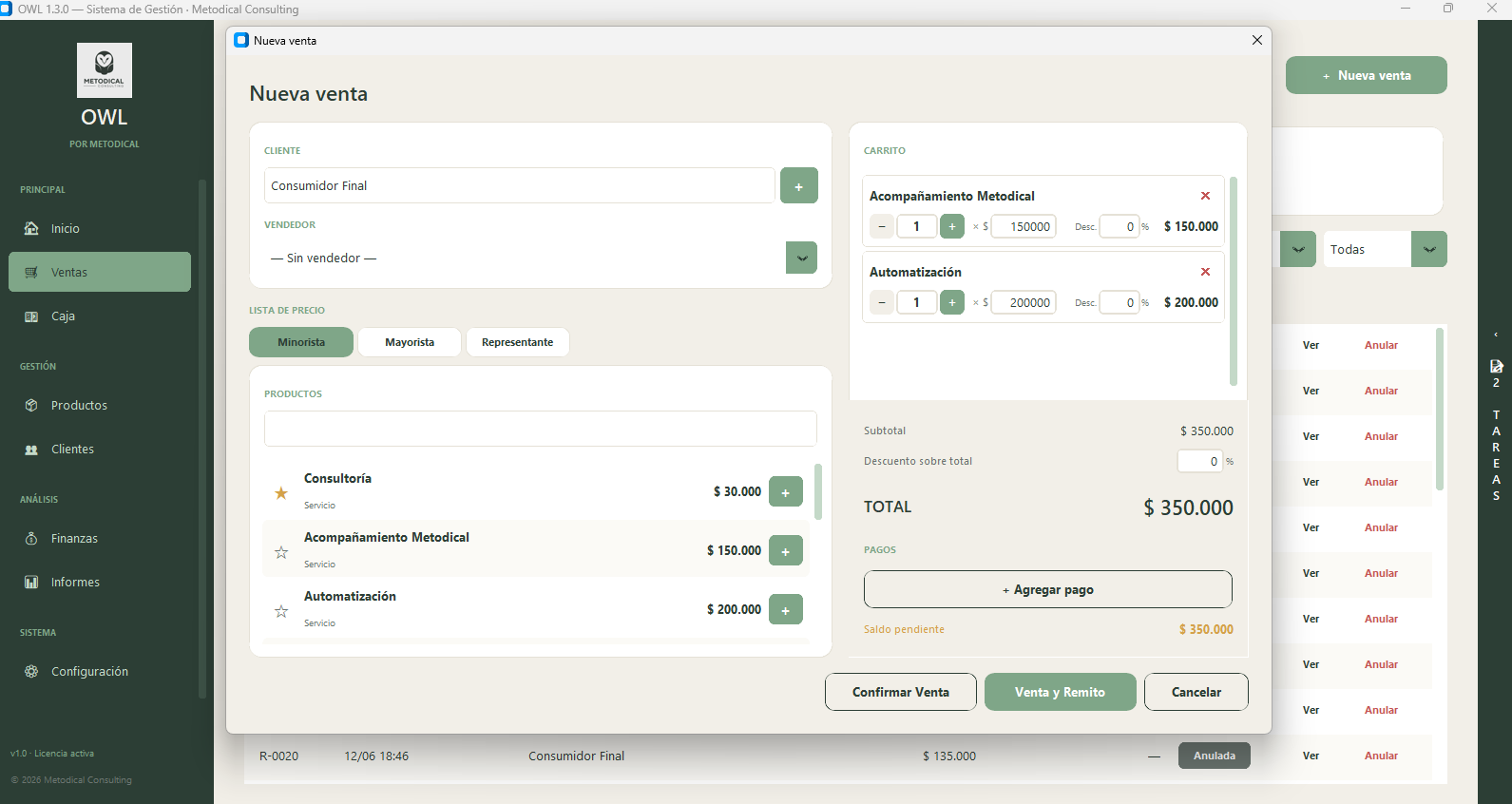OWL — sistema de gestión de Metodical: pantalla de ventas, saldos y estados